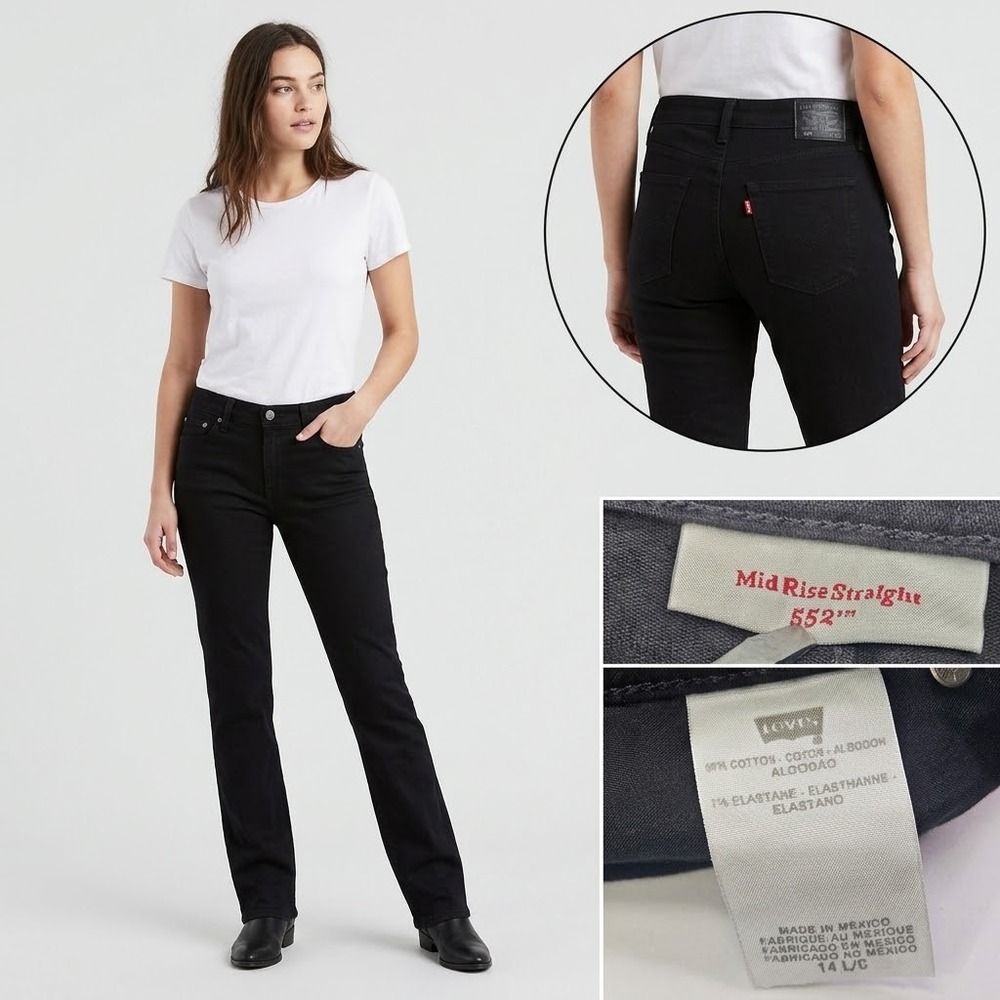Levis 552 Mid Rise Straight Jeans Womens 14 L/C Black Stretch Denim